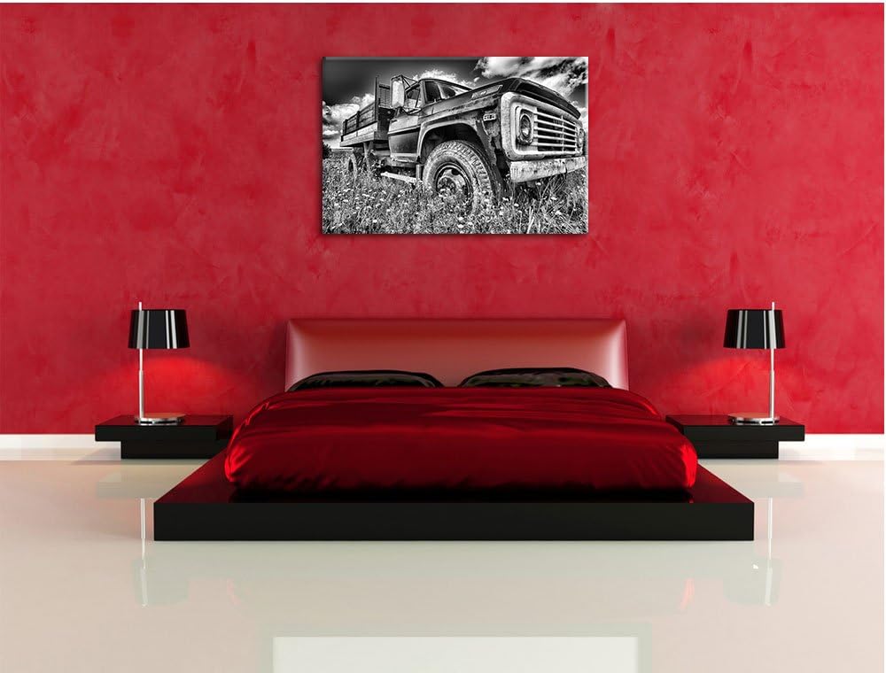 Pixxprint USA Truck auf Blumenwiese 100x70cm Leinwandbild Wandbild Kunstdruck