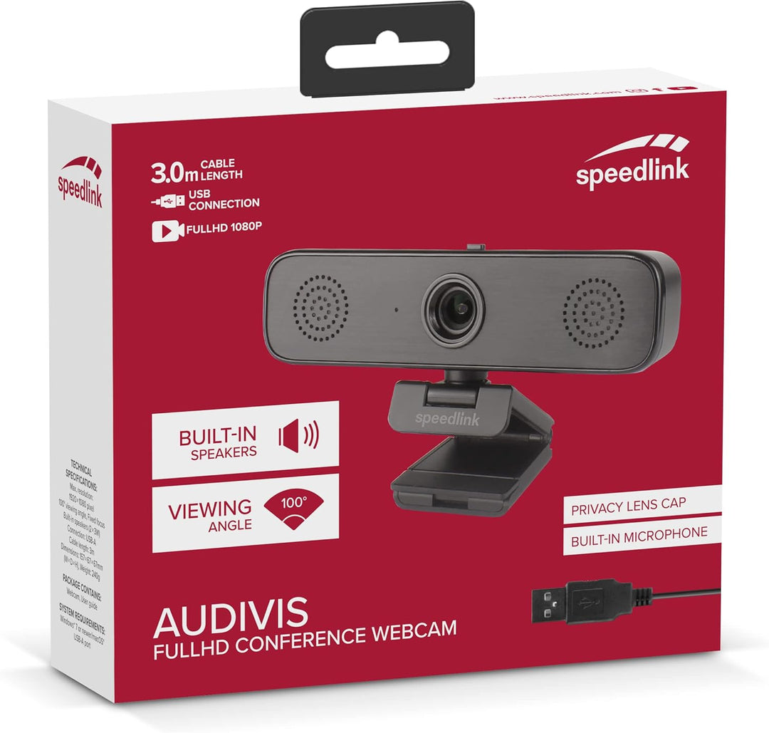 Speedlink AUDIVIS Full HD Conference Webcam – 100° Bildwinkel, integrierte Lautsprecher, schwarz