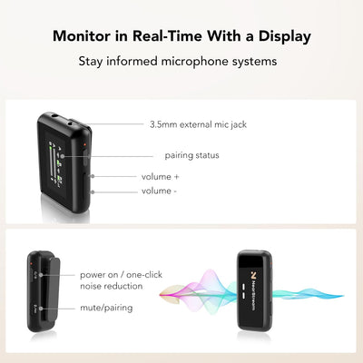 NearStream AWM20T Lavalier Mikrofon Wireless mit Geräuschunterdrückung/Anzeige, 200m Übertragung/7H