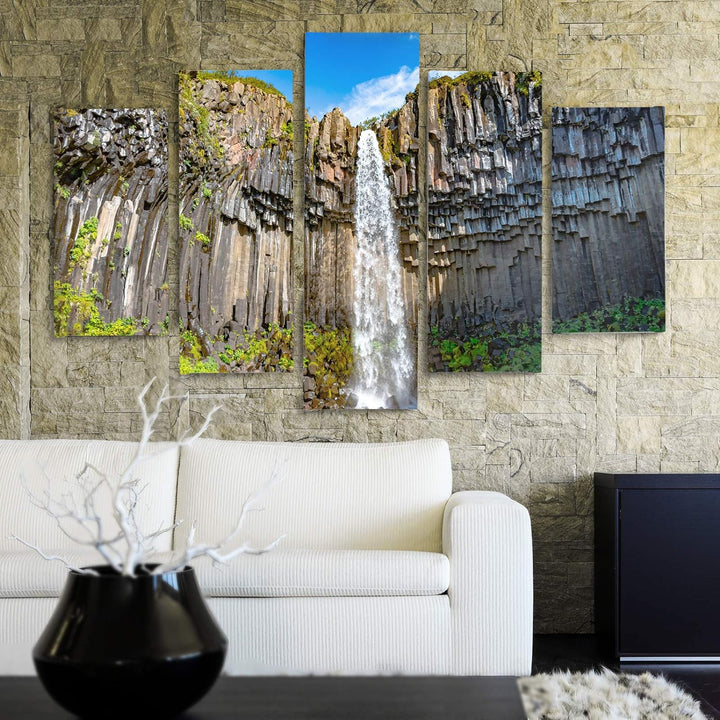 Feeby Deco Panel 5 Teilig Landschaft Bilder Modern Wasserfall Himmel Berge grün 200x100 cm Deco pane