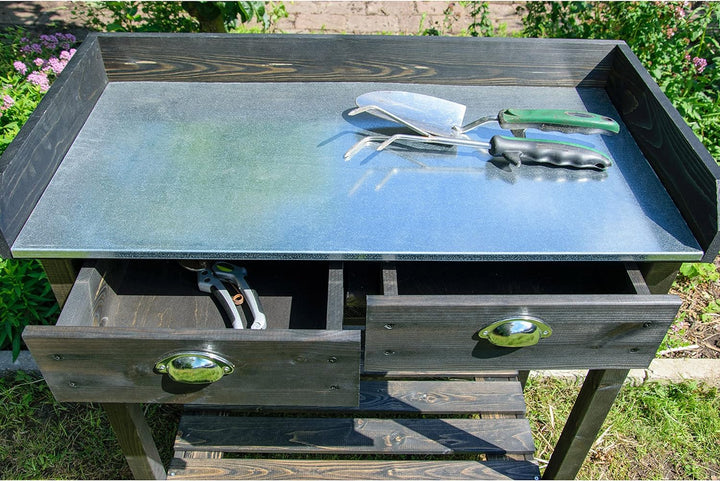 dobar® Design Pflanztisch mit 2 Schubladen | Gärtnertisch mit Ablageboden | Umtopftisch aus massivem