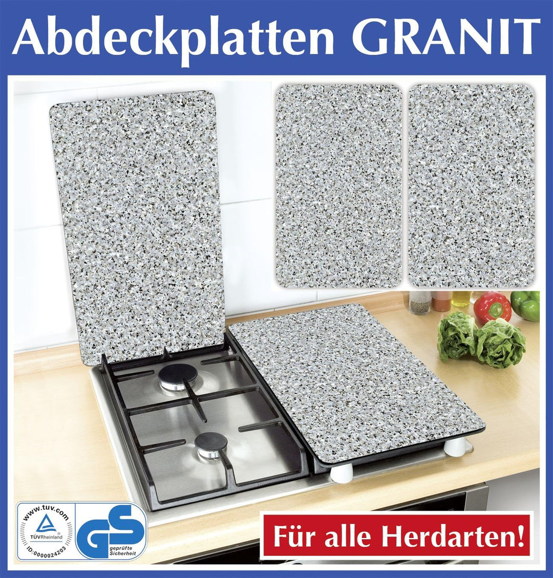 WENKO 2521120100 Herdabdeckplatte Universal Granit - 2er Set, für alle Herdarten, Gehärtetes Glas, M