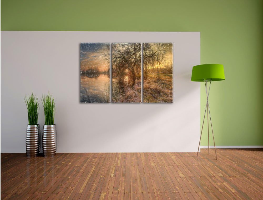 Pixxprint herbstliche Landschaft im Morgengrauen Kunst Buntstift Effekt 3-Teiler Leinwandbild 120x80