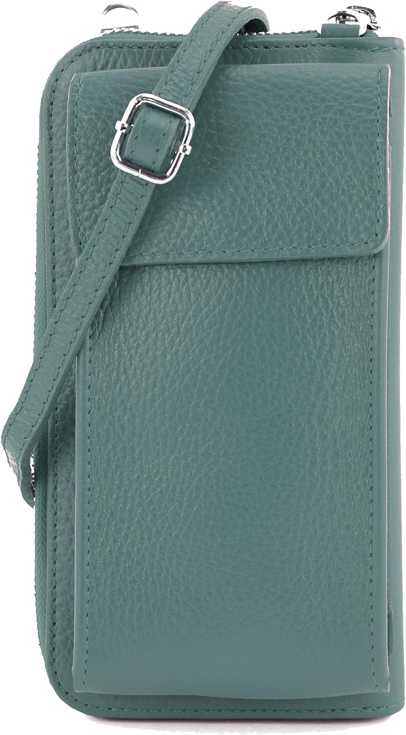 modamoda de - P06 - ital. Damen Umhängetasche Geldbörse Handytasche Leder Ocean Grey, Ocean Grey
