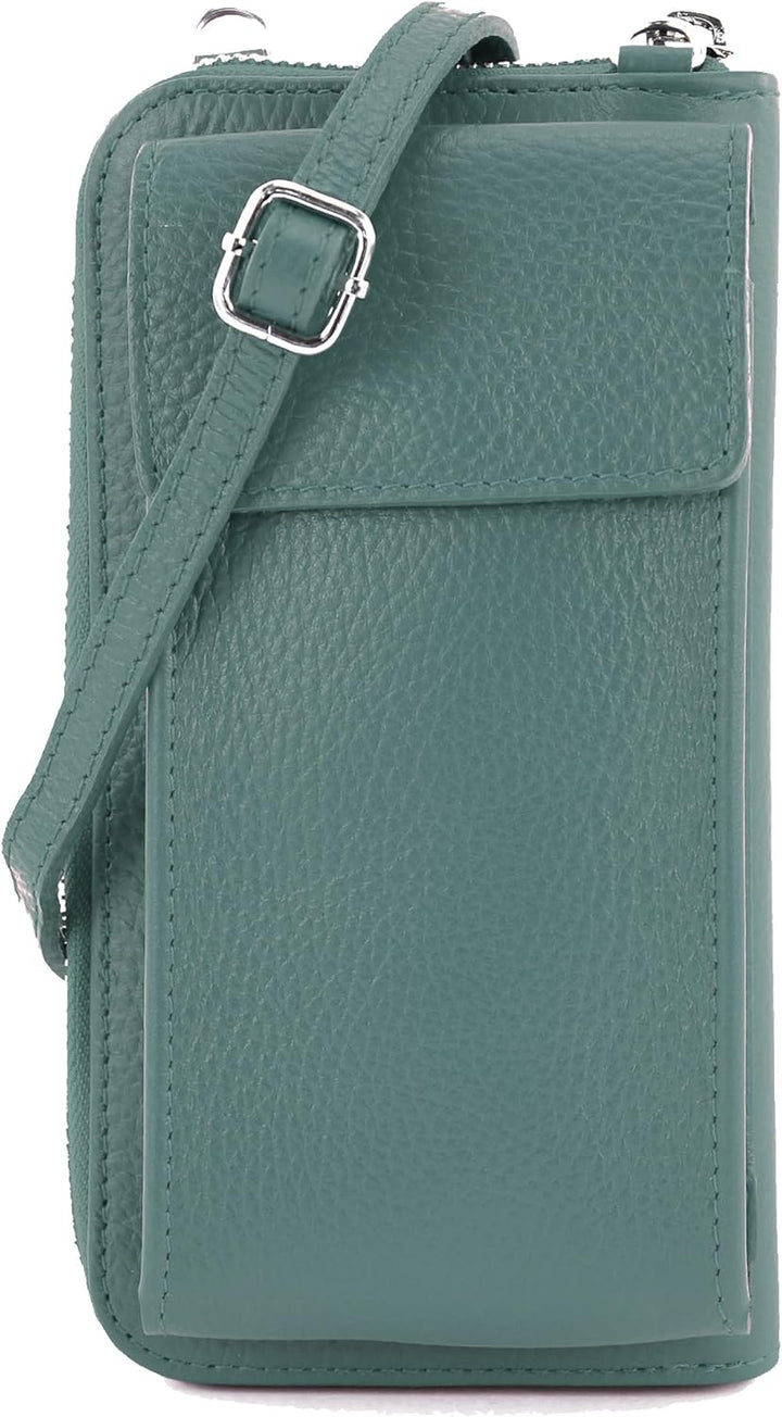 modamoda de - P06 - ital. Damen Umhängetasche Geldbörse Handytasche Leder Ocean Grey, Ocean Grey