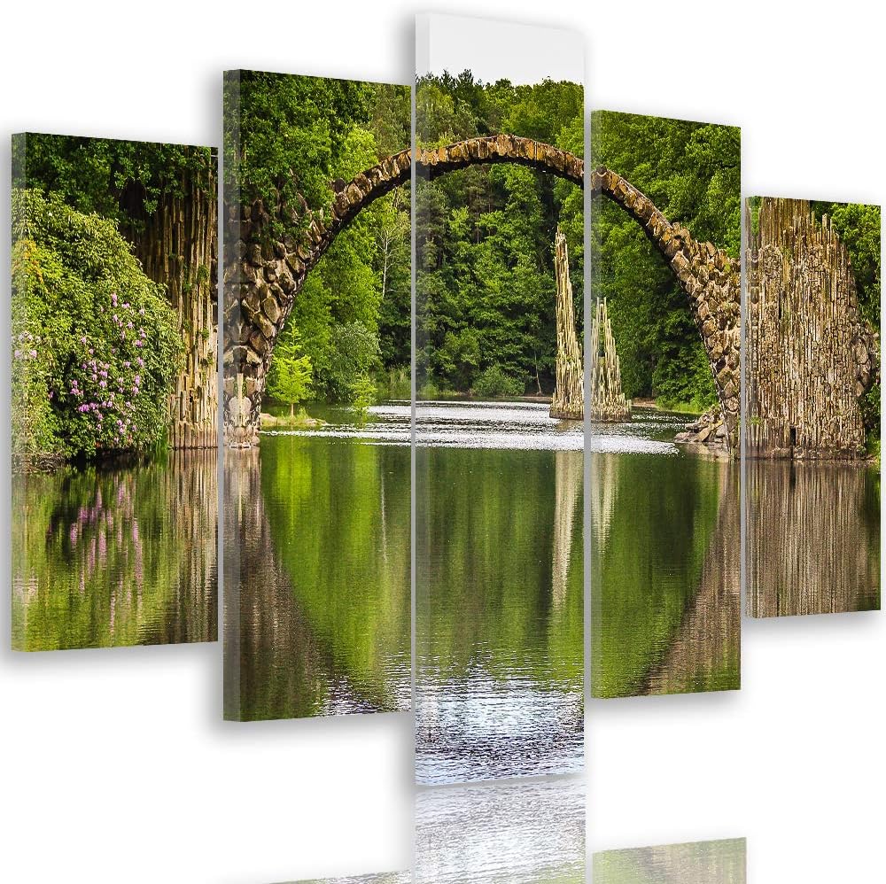 Feeby Leinwandbild 5 Teilig Landschaft Bild Wanddeko Brücke Wasser Wald grün 200x100 cm Leinwandbild