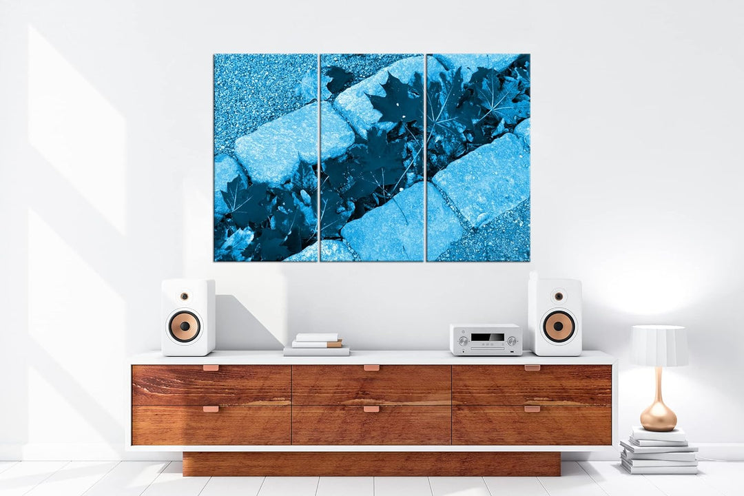 gelbe Ahornblätter auf dem Weg Format 120x80 3Teilig Effekt: Monocrome Blau als Leinwandbild, Motiv