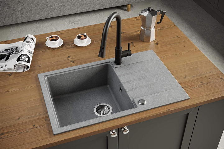 VBChome Spüle mit Armatur 52 x 50 cm Beige Tiefes Becken Küche Einbauspüle Verbundspüle Küchenspüle