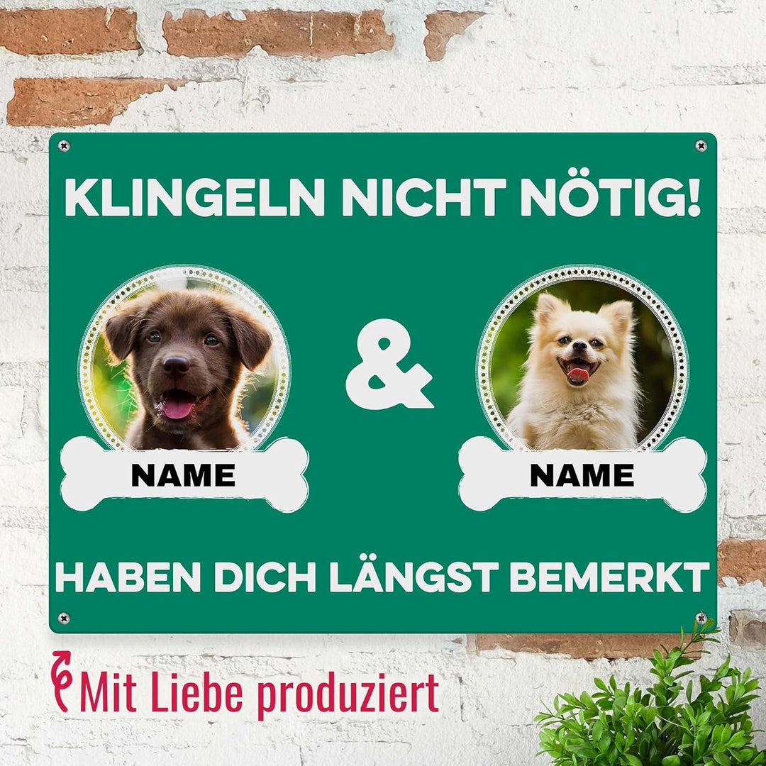 Hunde Schild personalisiert - Klingeln nicht nötig - Metallschild mit Foto und Name für aussen, wett