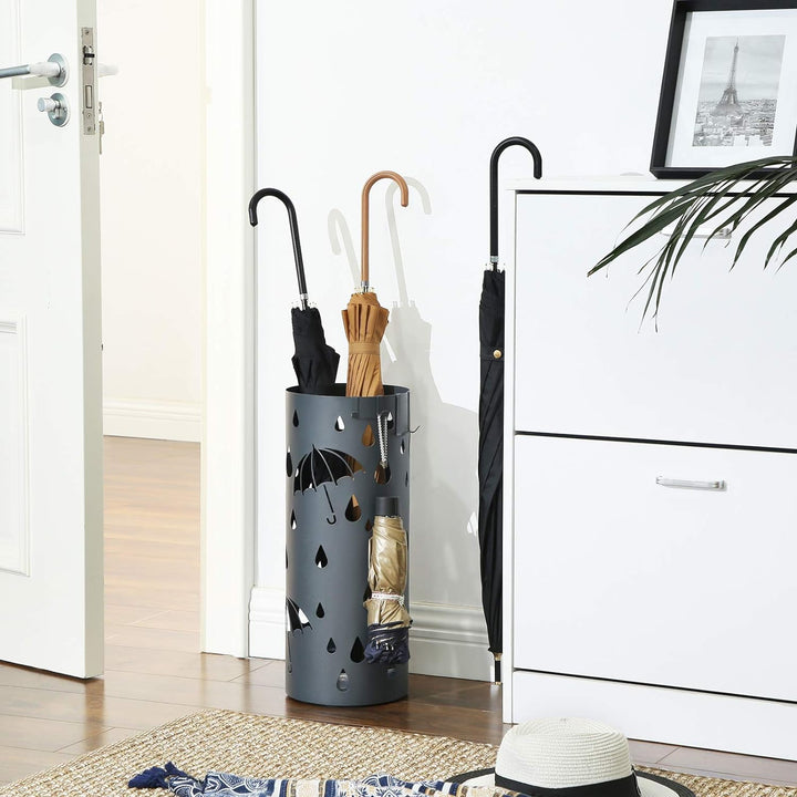 SONGMICS Regenschirmständer aus Metall, runder Schirmständer, mit Wasserauffangschale und Haken, 49