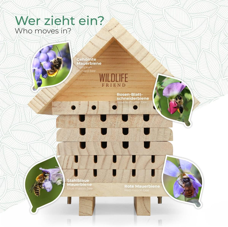 WILDLIFE FRIEND I Bienenhotel aus Naturholz - Insektenhotel, Nisthilfe Unterschlupf für Wildbienen I
