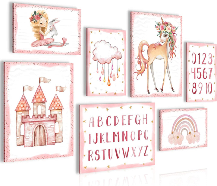 Novart Wandbilder Einhorn  - KOMPLETT AUFHÄNGFERTIG - Rosa  Kinderzimmer Mädchen- 7 Moderne Mood-Bil