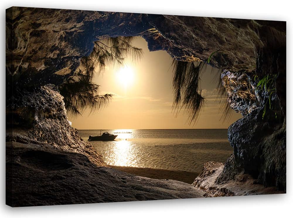 Feeby Wandbild Höhle ausblick Druckbild Leinwandbild Meer Orange 90x60 cm Leinwandbild 90x60 cm Oran