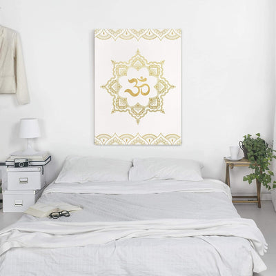 Bilderwelten Leinwandbild - Mandala OM Ornament weiss Gold - 80 x 60cm - Recycled Canvas 80cm x 60cm