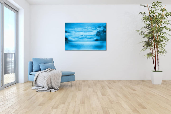 deyoli grossartige gemalte Berglandschaft Format 80x60 Effekt: Monocrome Blau als Leinwandbild, Moti