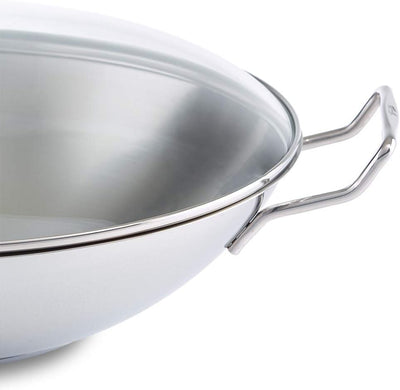 Fissler Kunming / Edelstahl-Wok (Ø 36 cm) grosse Wok-Pfanne unbeschichtet,Asiapfanne mit Glas-Deckel