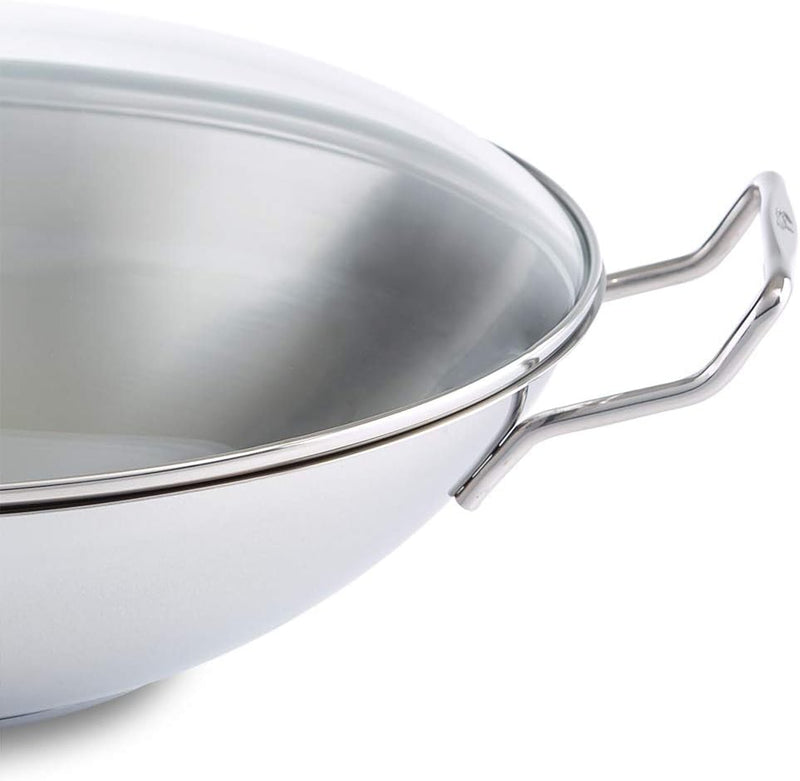 Fissler Kunming / Edelstahl-Wok (Ø 36 cm) grosse Wok-Pfanne unbeschichtet,Asiapfanne mit Glas-Deckel