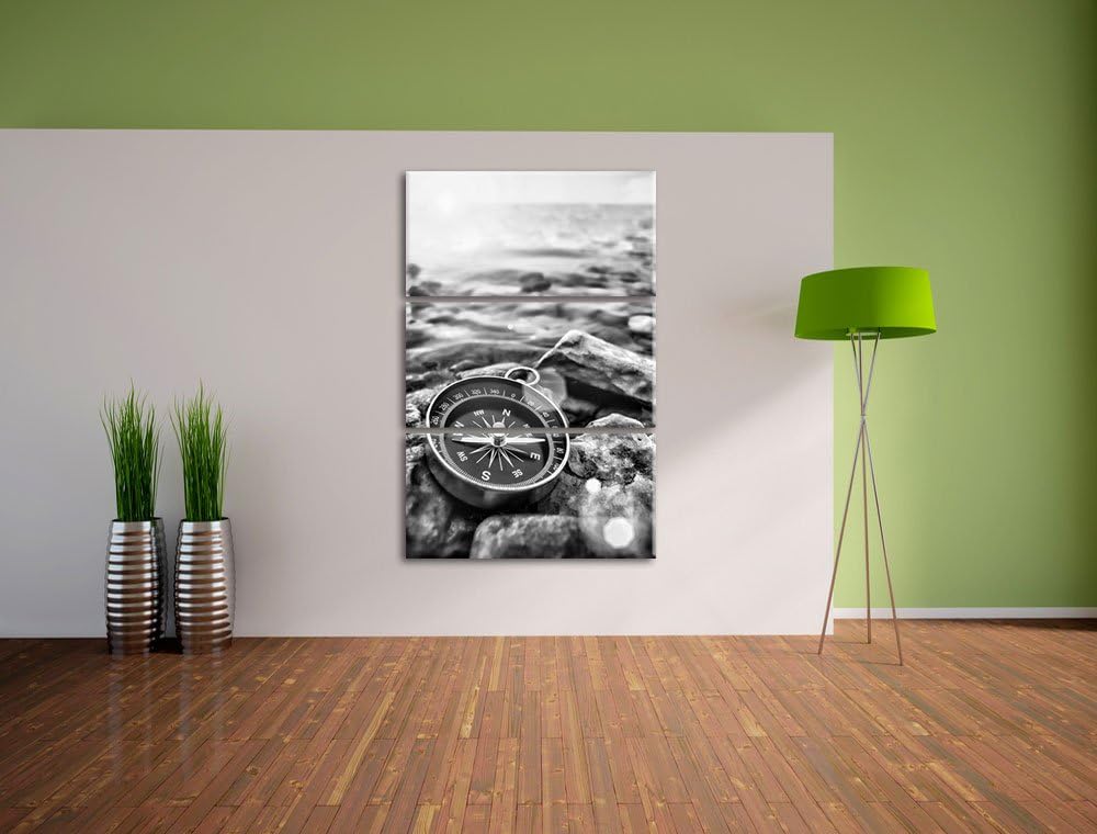 Pixxprint Kompass auf Steinen Reiselust als Leinwandbild/Grösse: 3 Teilig (120x80 cm) cm/Wandbild/Ku