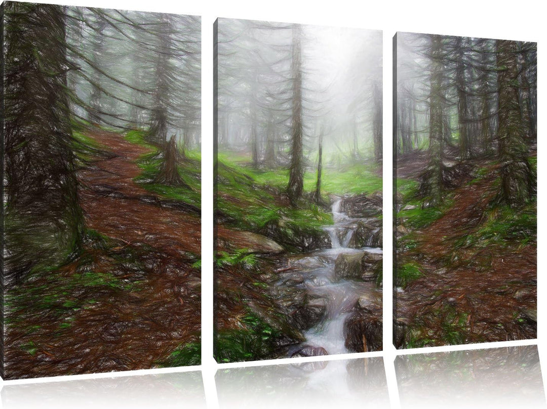 Pixxprint Bach im Wald / 3-Teilig/Gesamtmass 120cm Leinwandbild bespannt auf Holzrahmen/Wandbild Kun