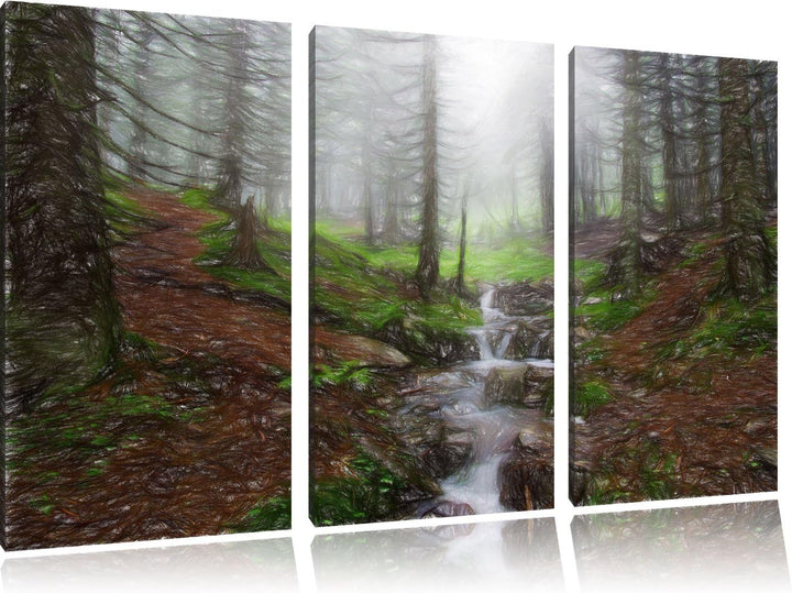 Pixxprint Bach im Wald / 3-Teilig/Gesamtmass 120cm Leinwandbild bespannt auf Holzrahmen/Wandbild Kun