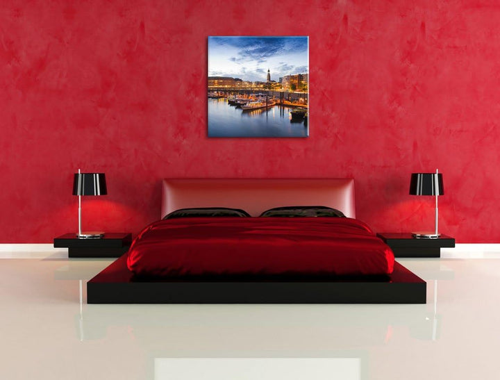 Hamburger Hafen am Abend, Format: 70x70 auf Leinwand, XXL riesige Bilder fertig gerahmt mit Keilrahm