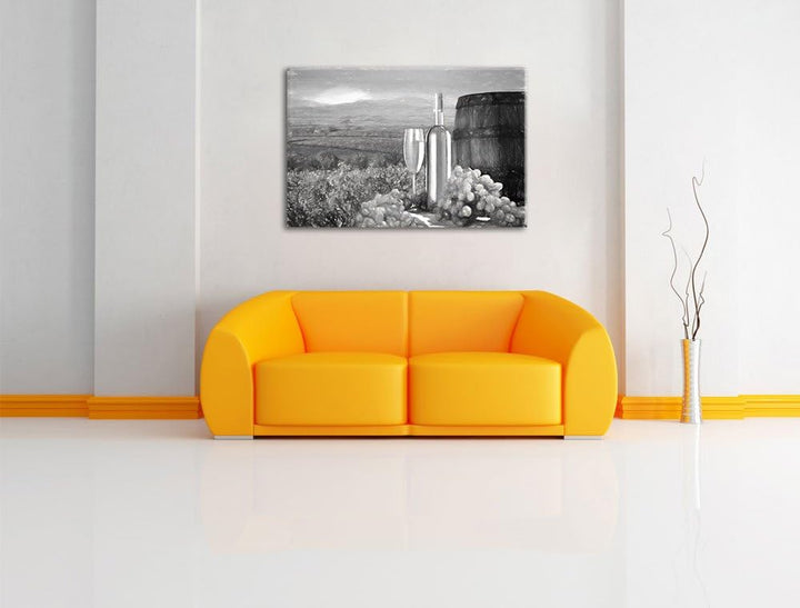 Pixxprint Weinreben mit Weinflasche und Fass als Leinwandbild/Grösse: 100x70 cm/Wandbild/Kunstdruck/