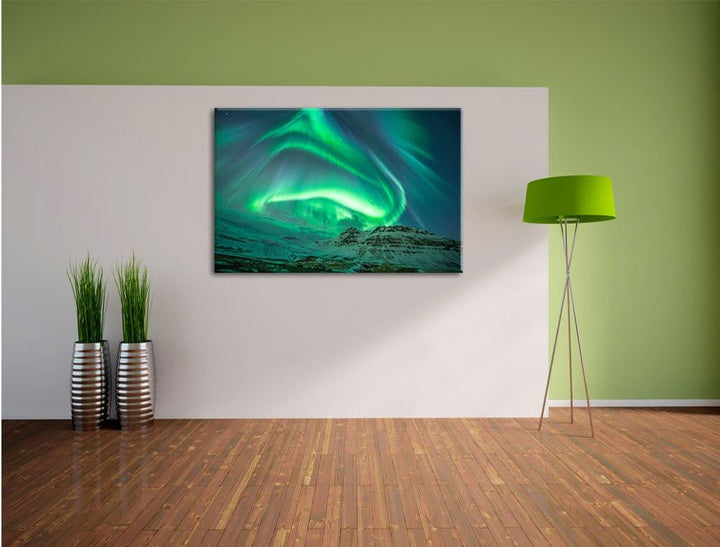 Nordlichter über Island, Format: 100x70 auf Leinwand, XXL riesige Bilder fertig gerahmt mit Keilrahm