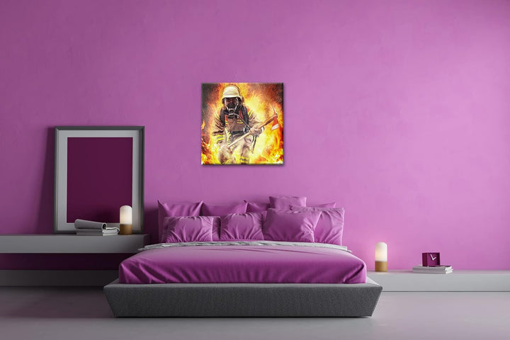 Feuerwehrmann im Einsatz Format: 60x60 als Leinwandbild, Motiv fertig gerahmt auf Echtholzrahmen, Ho