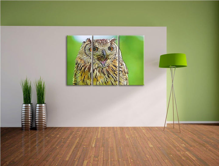 grosse Waldeule gähnt NewArt 3-Teiler Leinwandbild 120x80 Bild auf Leinwand, XXL riesige Bilder fert