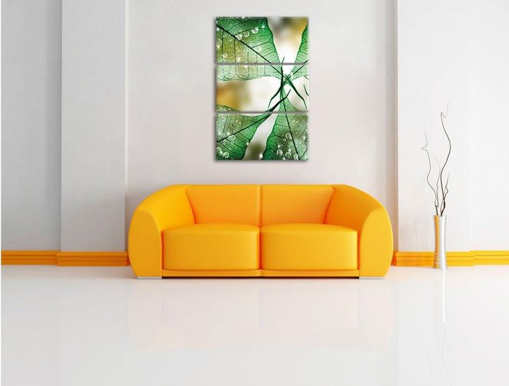Pixxprint Grüne Blätter / 3-Teilig/Gesamtmass 120cm Leinwandbild bespannt auf Holzrahmen/Wandbild Ku