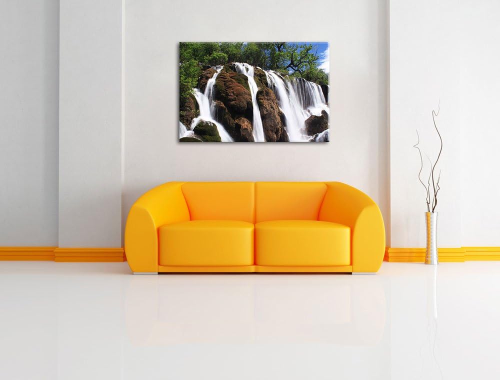 prachtvoller Wasserfall im Dschungel Leinwand, XXL riesige Bilder fertig gerahmt mit Keilrahmen, Kun