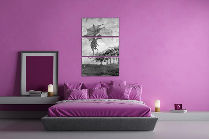 deyoli Fantasiegemälde eines lila Drachen Format: 3Teilig als Leinwand, Effekt: Schwarz&Weiss, Motiv