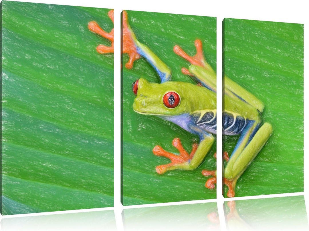 Pixxprint Kleiner Frosch auf Blatt / 3-Teilig/Gesamtmass 120cm Leinwandbild bespannt auf Holzrahmen/