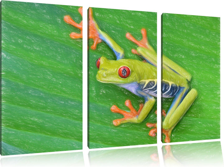 Pixxprint Kleiner Frosch auf Blatt / 3-Teilig/Gesamtmass 120cm Leinwandbild bespannt auf Holzrahmen/