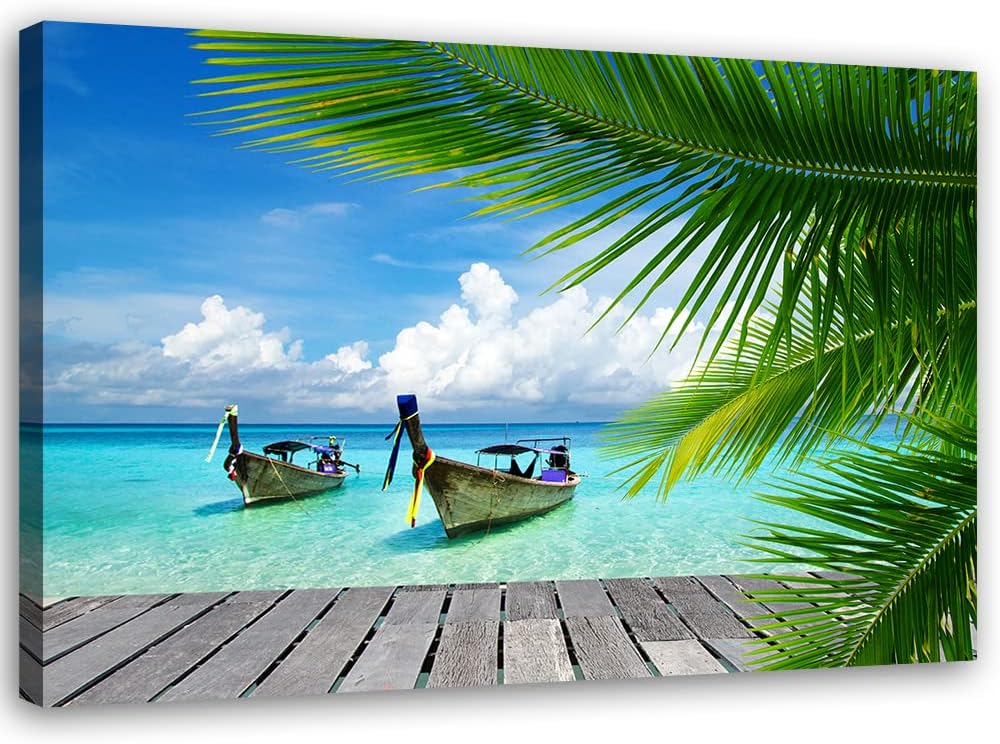 Feeby Vlies Leinwandbild Stege Meer Strand Himmel 90x60 cm Druckbild Wandbild Wanddekoration Deko Wa