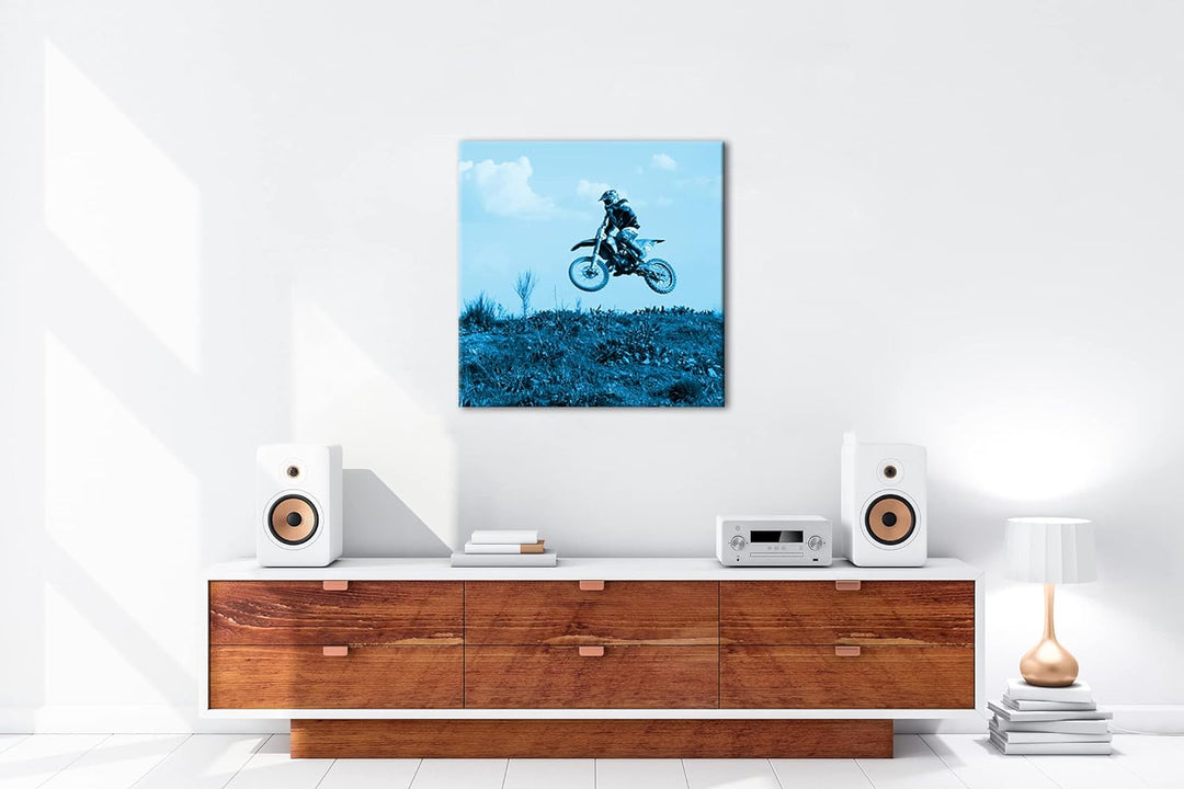 deyoli Motocross Fahrer im Sprung Format: 70x70 Effekt: Monocrome Blau als Leinwandbild, Motiv ferti