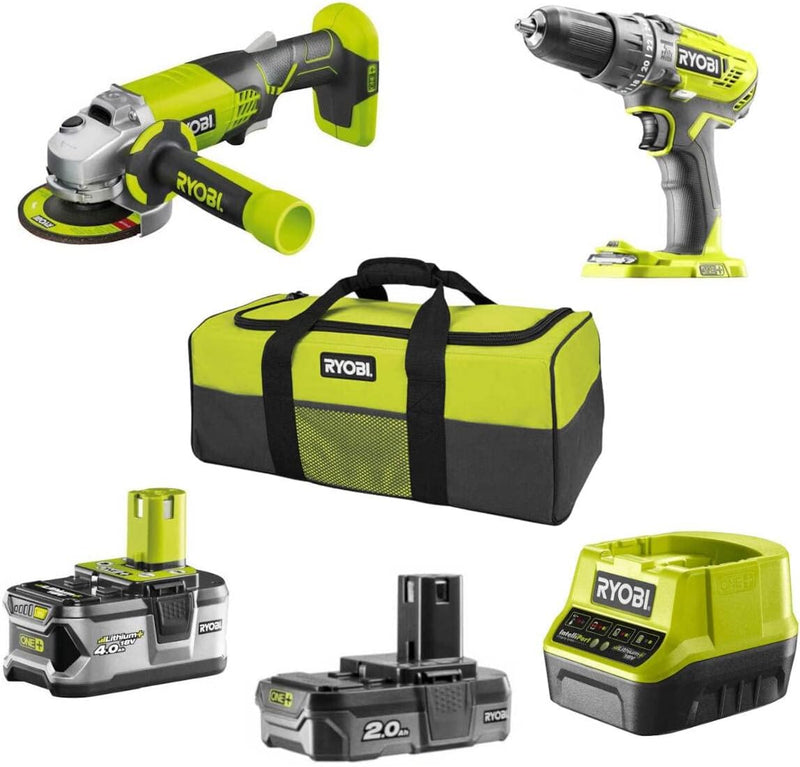 Ryobi Pack: 18 V Bohrer, Schleifmaschine, kabellos, 2 Lithium-Batterien + One, (2,0 Ah + 4,0 Ah), Tr