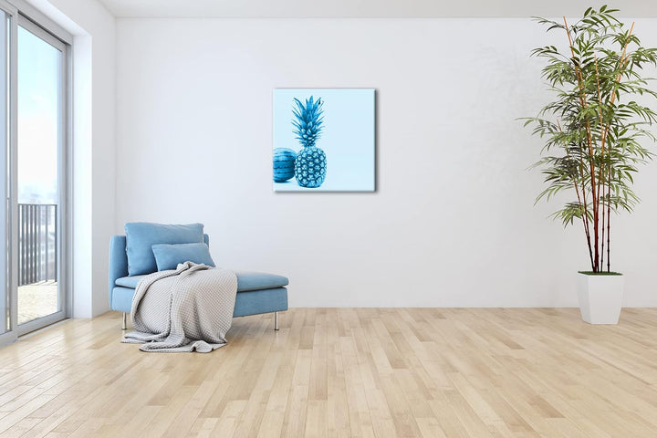 Ananas Melone Format: 70x70 Effekt: Monocrome Blau als Leinwand, Motiv fertig gerahmt auf Echtholzra