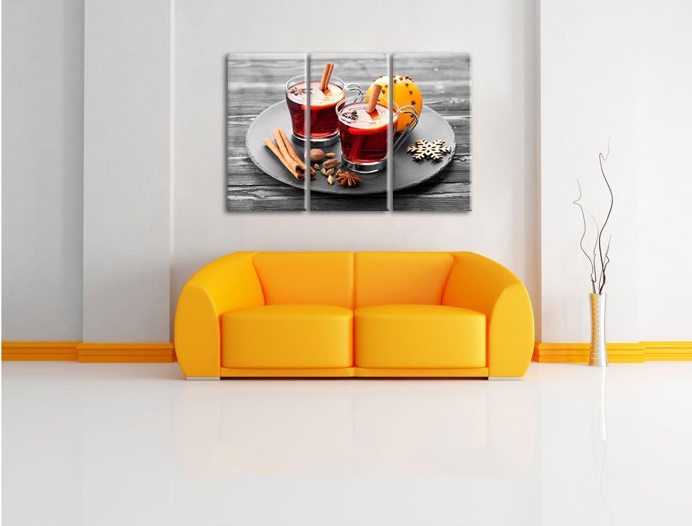 Pixxprint Aromatischer Glühwein mit Zimt Schwarz/Weiss 3-Teiler Leinwandbild 120x80 Bild auf Leinwan
