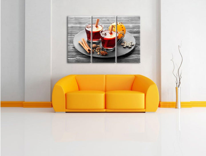 Pixxprint Aromatischer Glühwein mit Zimt Schwarz/Weiss 3-Teiler Leinwandbild 120x80 Bild auf Leinwan