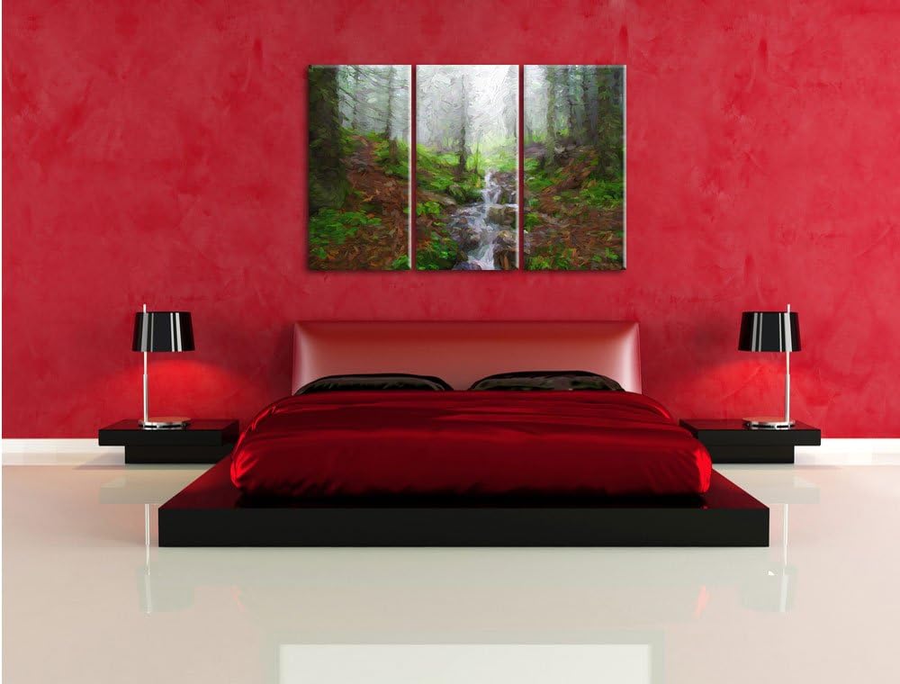 Pixxprint Bach im Wald Kunst Pinsel Effekt 3-Teiler Leinwandbild 120x80 Bild auf Leinwand