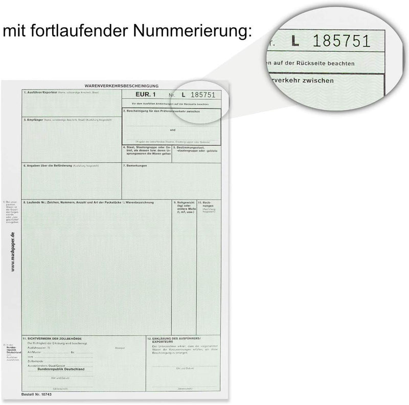 EUR1 EUR.1 Warenverkehrsbescheinigung Formular für Laserdrucker (50 Stck), 50 Stck