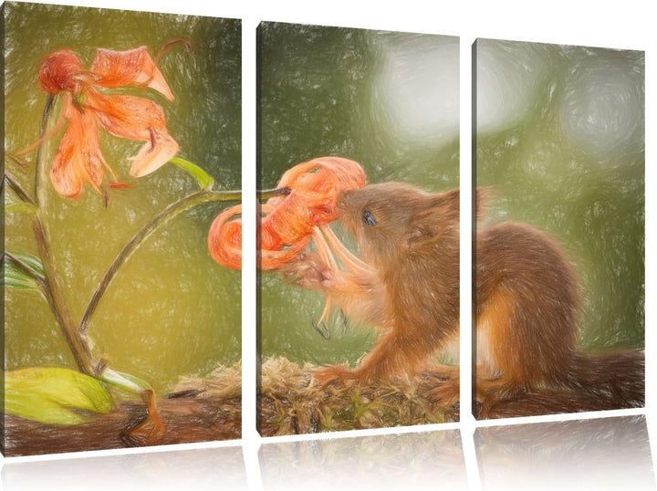 Pixxprint Eichhörnchen riecht an Einer Blume / 3-Teilig/Gesamtmass 120cm Leinwandbild bespannt auf H