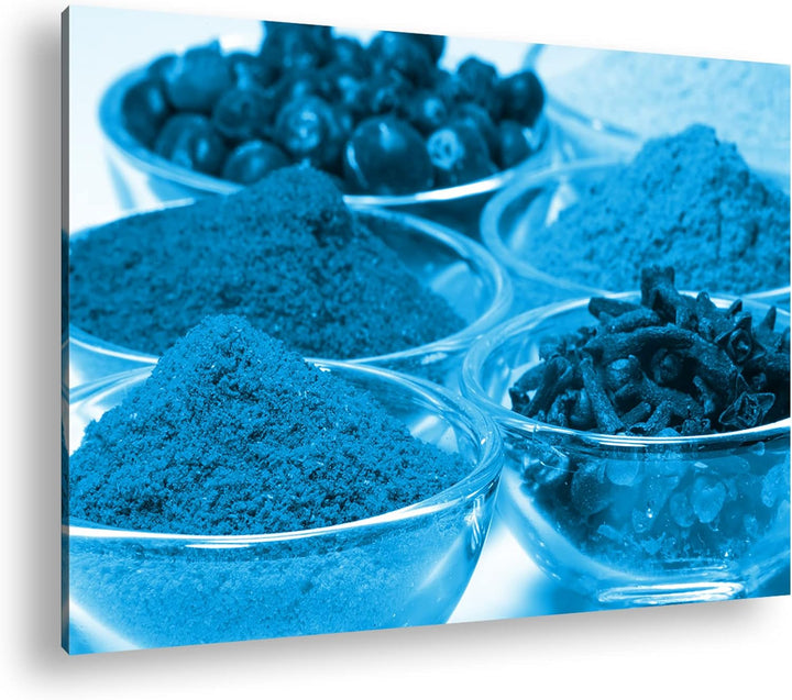 deyoli viele Gläser mit Gewürzen Format 80x60 Effekt: Monocrome Blau als Leinwandbild, Motiv fertig