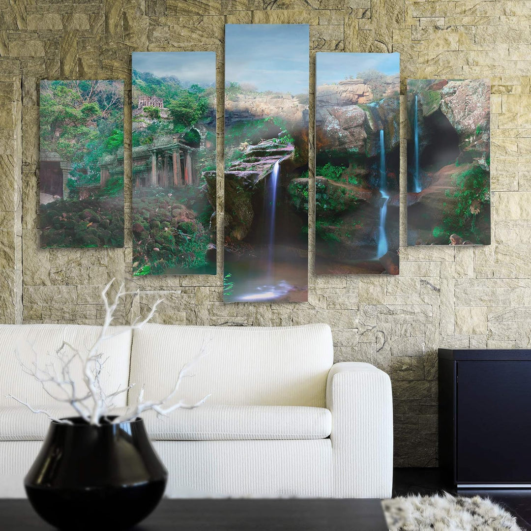 Feeby Bilder Modern Landschaft 5 Teilig Design Art Wasserfall Berge Himmel grün 100x70 cm Deco panel