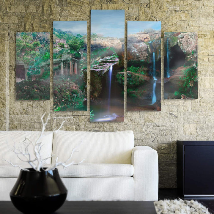 Feeby Bilder Modern Landschaft 5 Teilig Design Art Wasserfall Berge Himmel grün 100x70 cm Deco panel