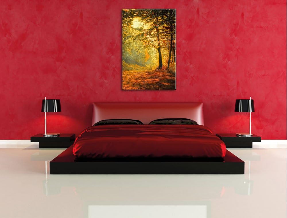 Pixxprint Wald im Herbst, Format: 100x70 auf Leinwand, XXL riesige Bilder fertig gerahmt mit Keilrah
