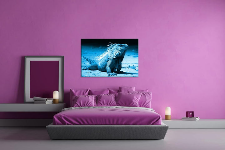 deyoli edler grüner Leguan Format: 80x60 Effekt: Monocrome Blau als Leinwand, Motiv fertig gerahmt a