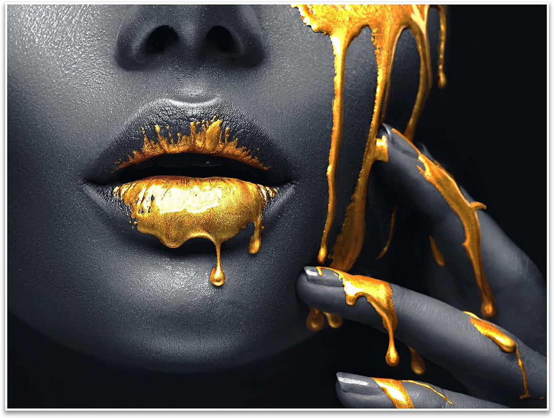 wandmotiv24 Poster als Wanddeko, Grösse 80x60cm, Frauen Lippen mit Goldener Farbe, Beauty, Frau, Mak