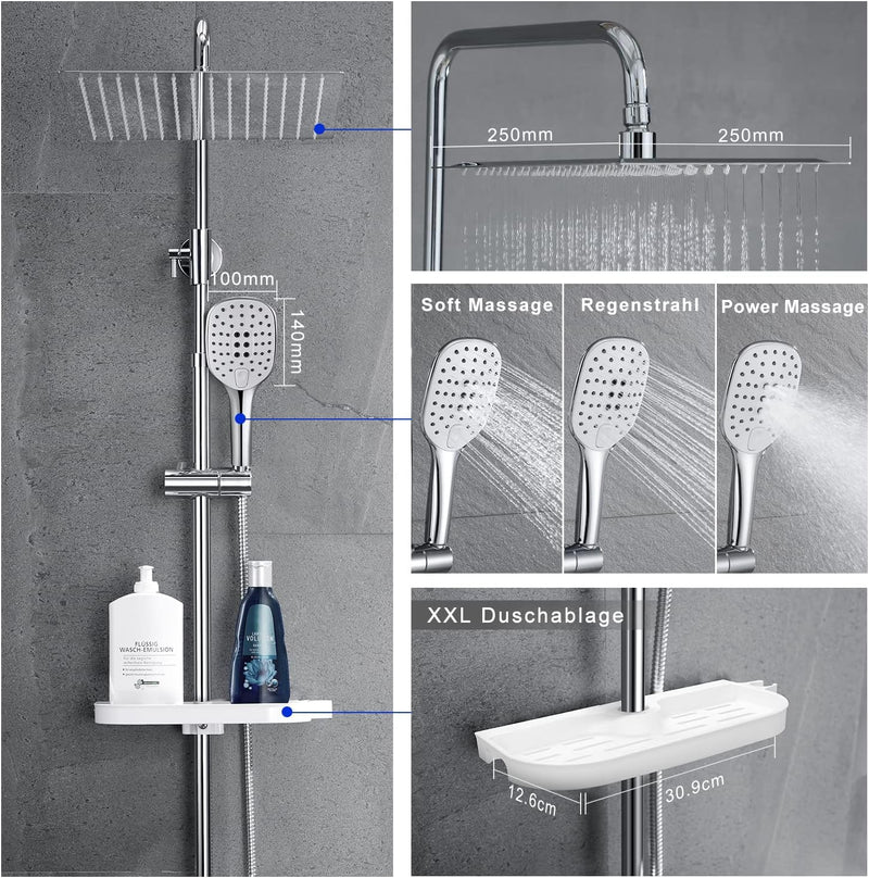 JOHO Edelstahl Regendusche Duschsystem Duschset Duschstange mit Ablage Chrom(Kopfbrause 25x25cm) 252